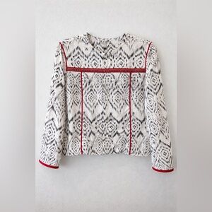 Neiman Marcus Black White Ikat Print Blouse Red Trim Button Front Boho Top